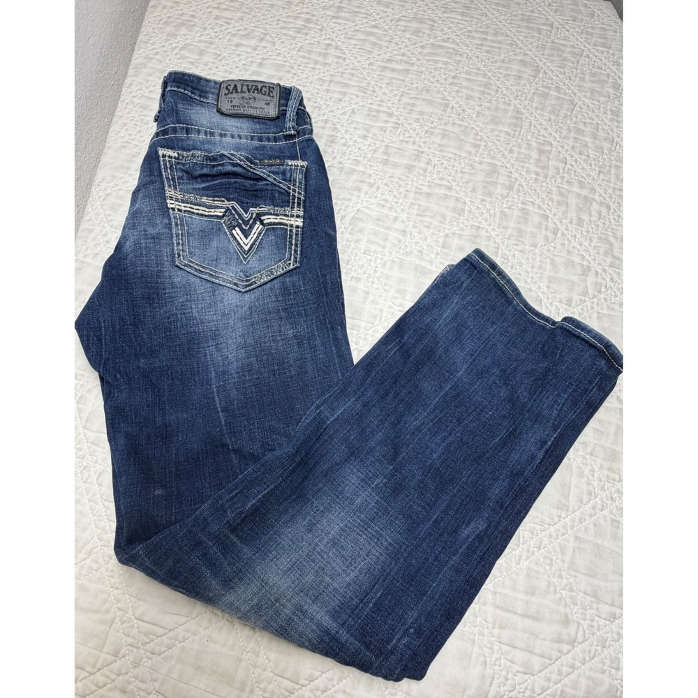 Salvage Mayhem Jeans Mens 34x32 Blue Regular Bootcut Distressed Buckle Exclusive